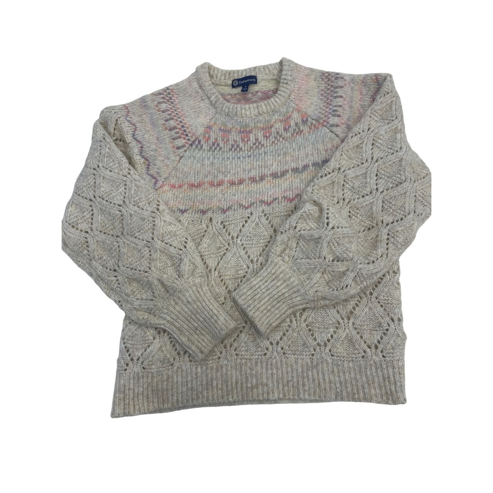 Democracy Women's Fair Isle Beige Knit Sweater Small S Pullover Wool Blend